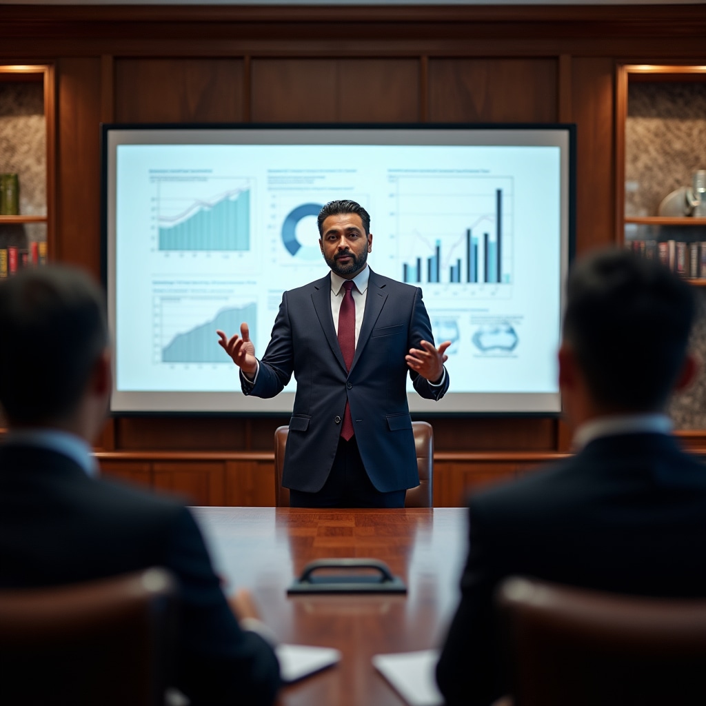 Executive presenting to board members in formal boardroom setting