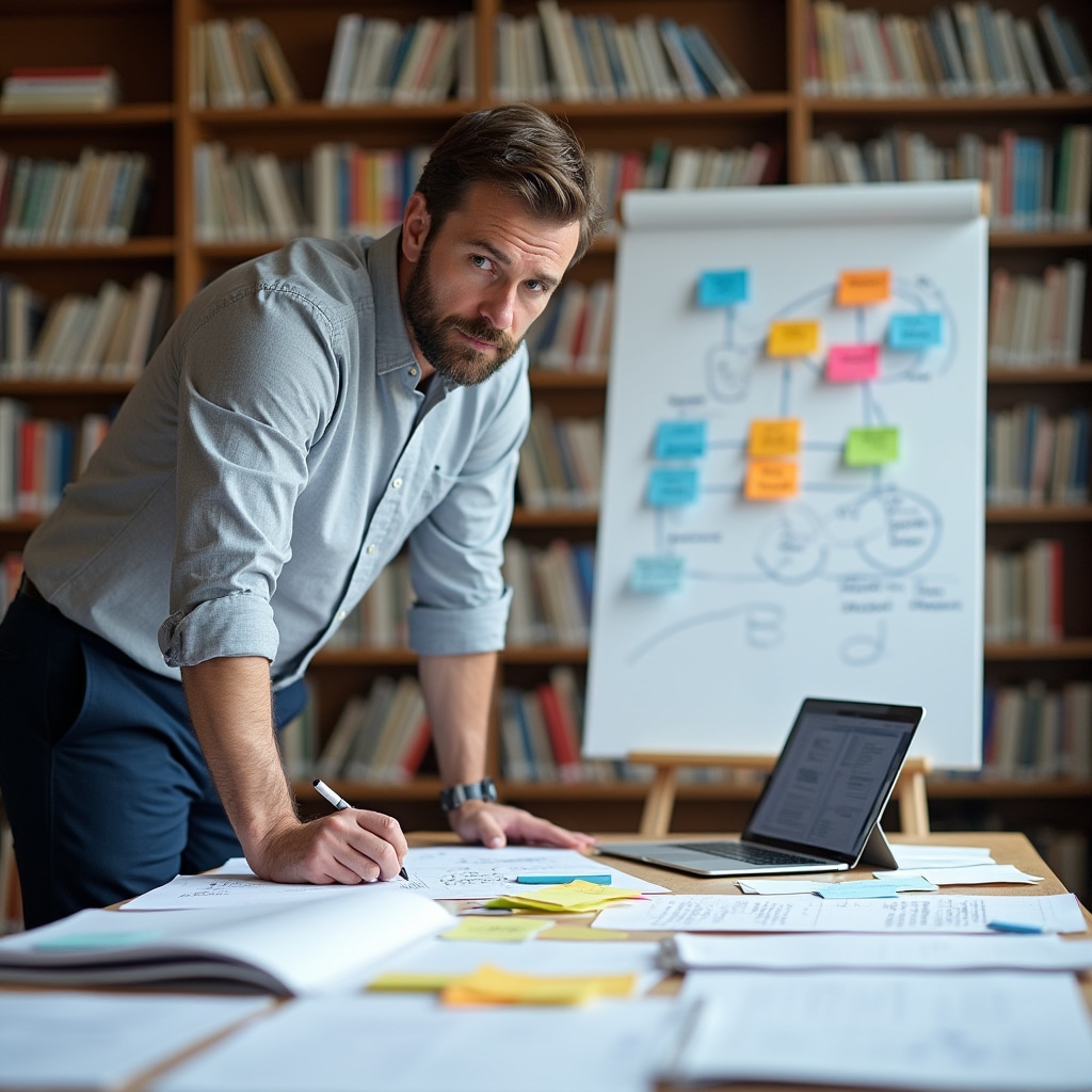 Business professional organizing presentation narrative with notes and diagrams