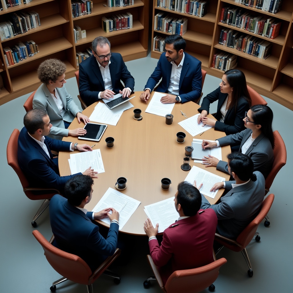 Manager facilitating stakeholder meeting with diverse group around conference table